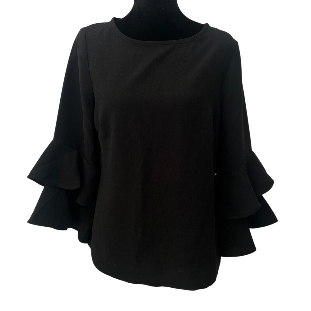 J.Crew Black Tiered Ruffle Bell Sleeve Crepe Blouse Top Size 2